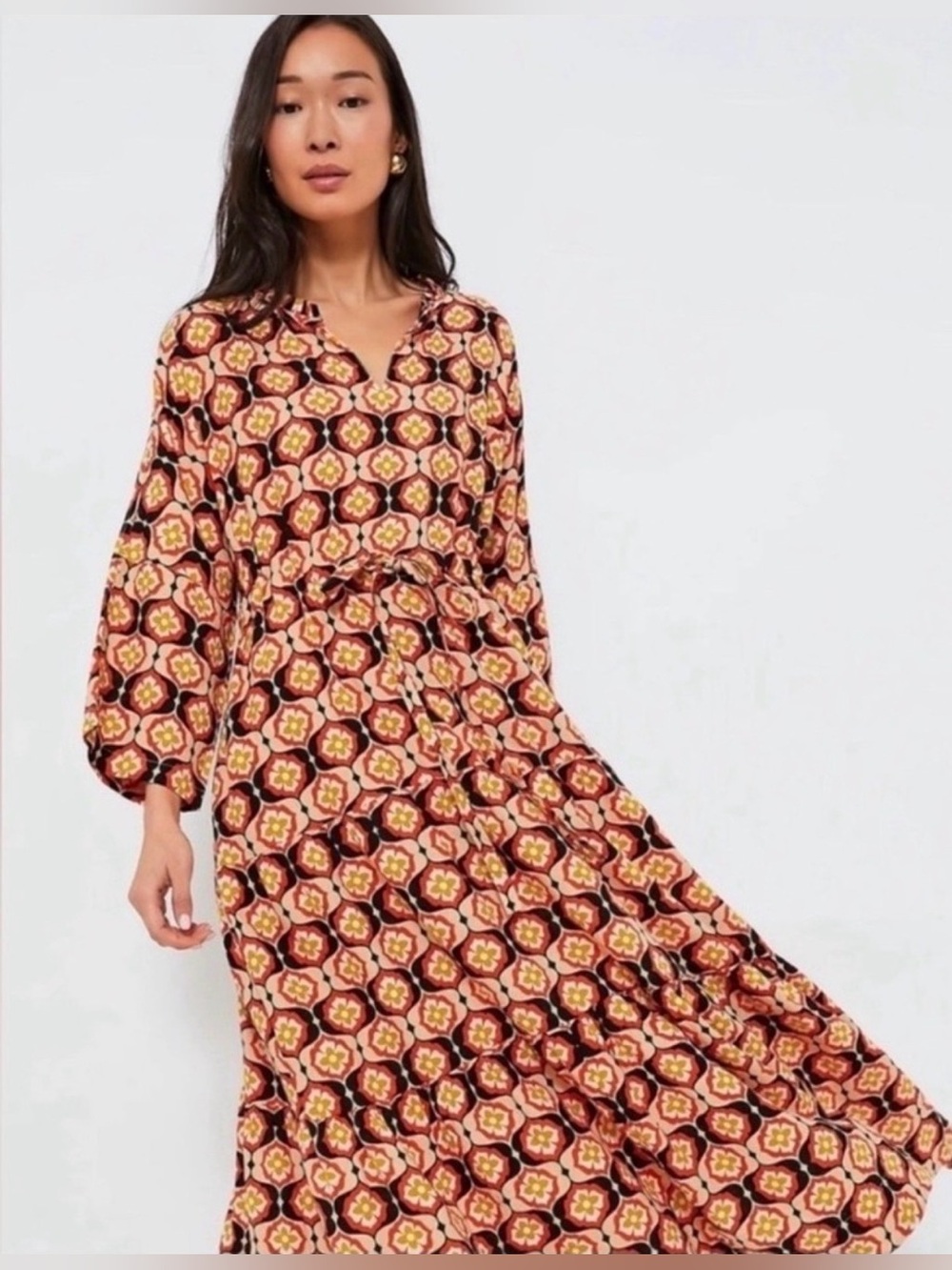 Tuckernuck NWT Honeycomb Bloom Marisol Tie-Waist Caftan Maxi Dress Multicolor